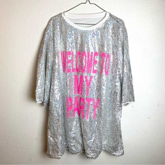 Plus size silver sequin oversized shirt PINK welcome to my party 3X dress S M L - Picture 2 of 7